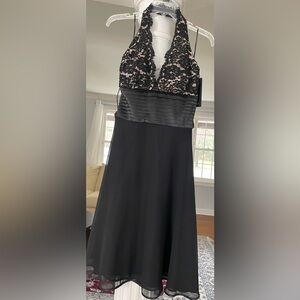 JS Boutique women’s Halter dress black Lace / champagne Chiffon beading. Size 4